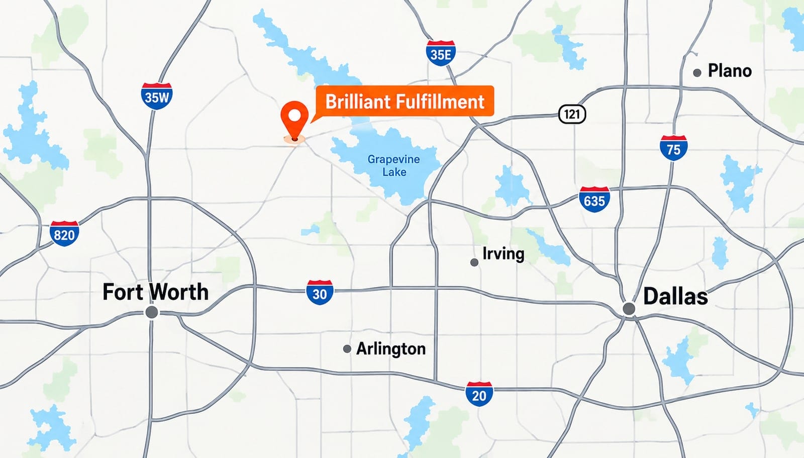 Map of the Dallas–Fort Worth metroplex with the Brilliant Fulfillment facility marked in Grapevine, Texas